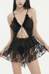 Robe amusante punk pour femme en chiffon noir à rayures transparentes avec dentelle et chaîne en métal